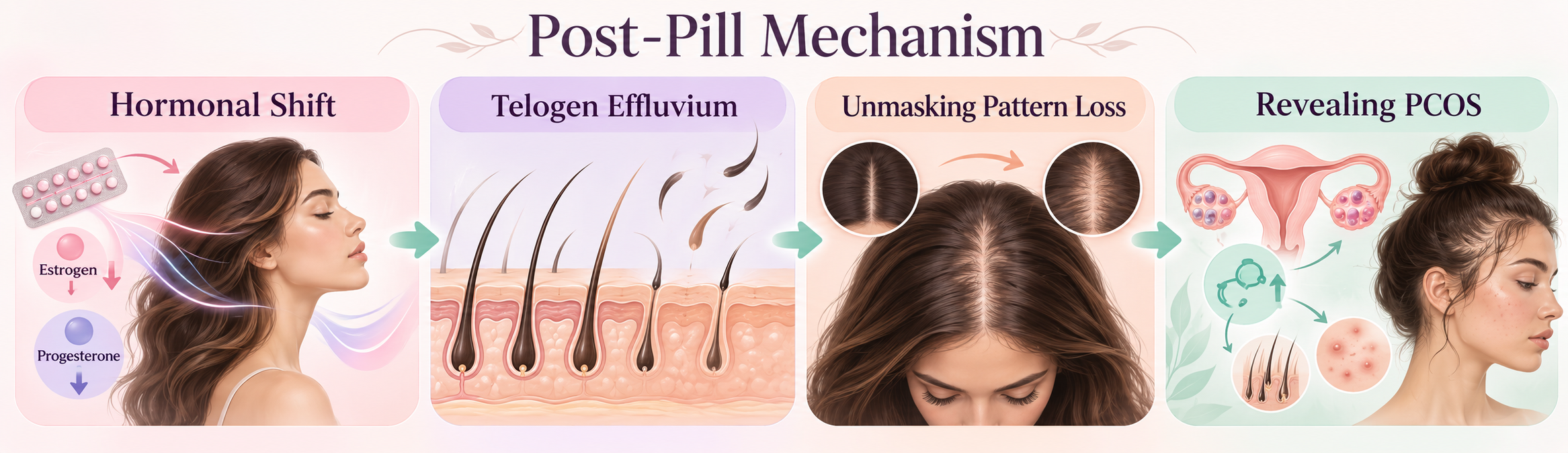 Post-pill hair loss mechanism showing hormonal shift, telogen effluvium, unmasking pattern loss and revealing PCOS