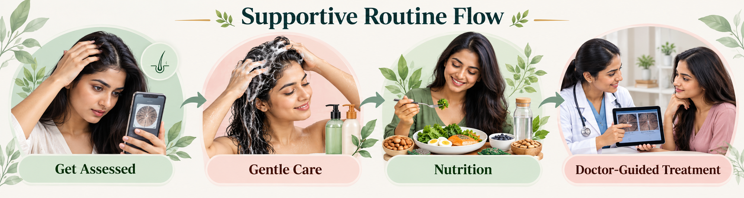 Supportive hormonal hair fall routine showing assessment, gentle care, nutrition and doctor-guided treatment