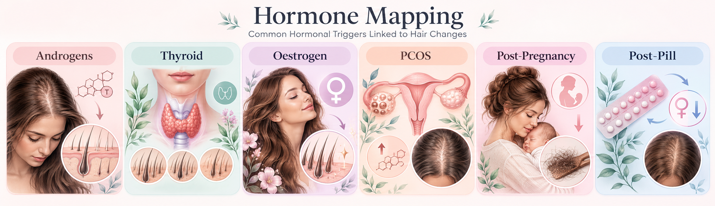 Hormone mapping showing androgens, thyroid, oestrogen, PCOS, post-pregnancy and post-pill hair changes