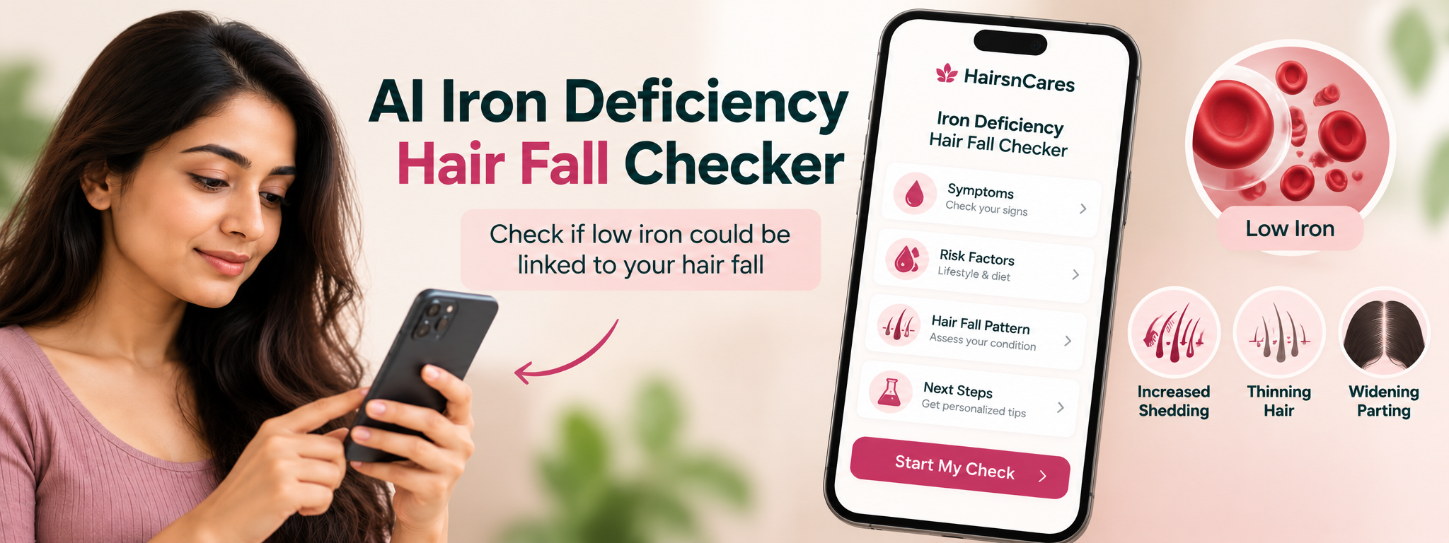 Woman using the AI iron deficiency hair fall checker — Hairsncares