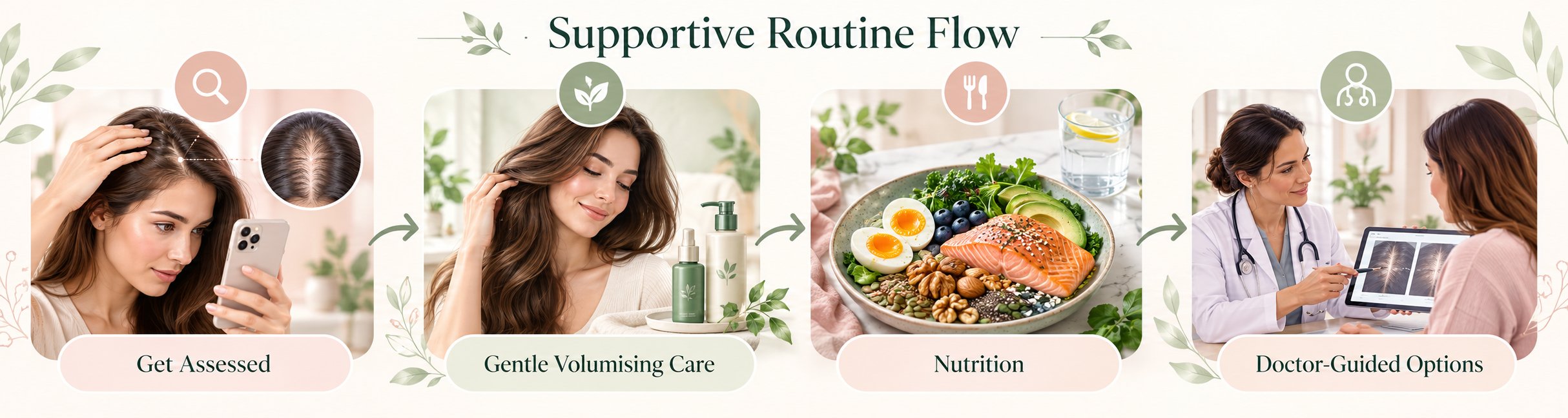 Supportive menopause hair loss routine showing assessment, gentle volumising care, nutrition and doctor-guided options