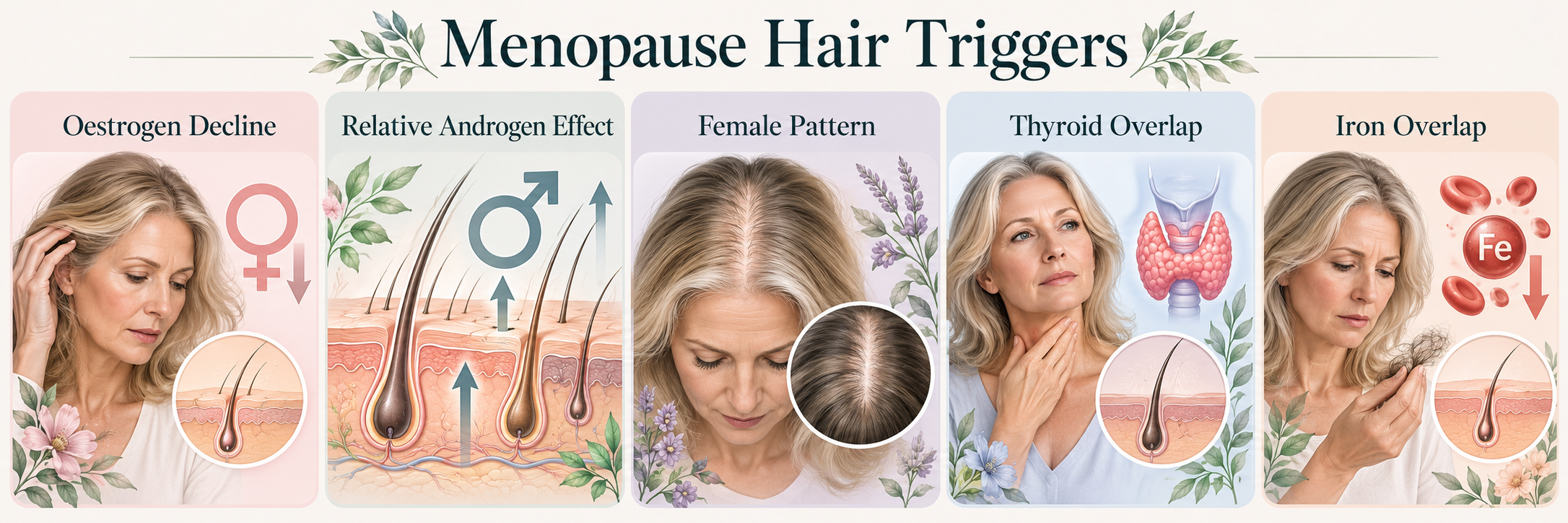 Menopause hair triggers including oestrogen decline, relative androgen effect, female pattern thinning, thyroid overlap and iron deficiency