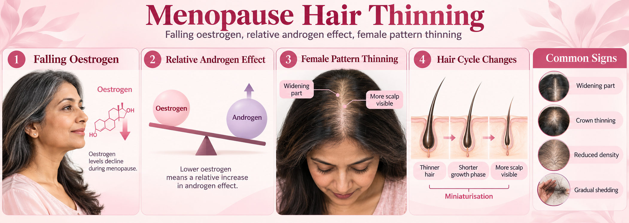 Menopause hair thinning caused by falling oestrogen, relative androgen effect and female pattern hair loss