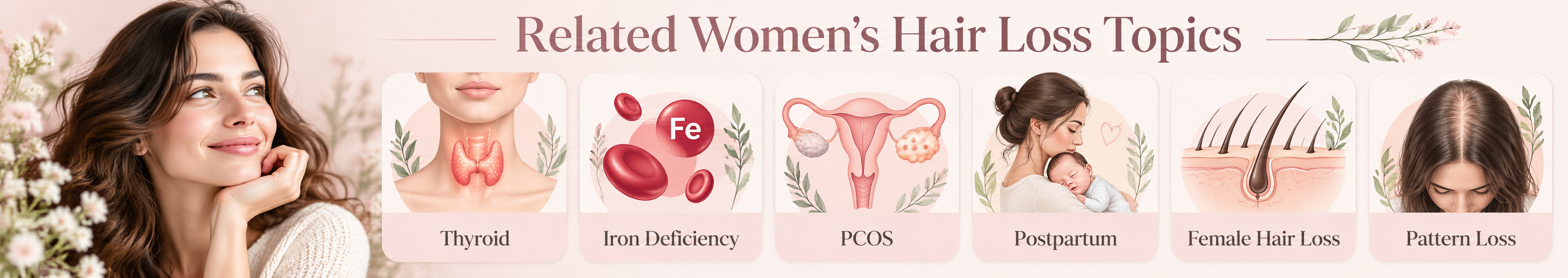 Related women’s hair loss topics including thyroid, iron deficiency, PCOS, postpartum, female hair loss and pattern loss