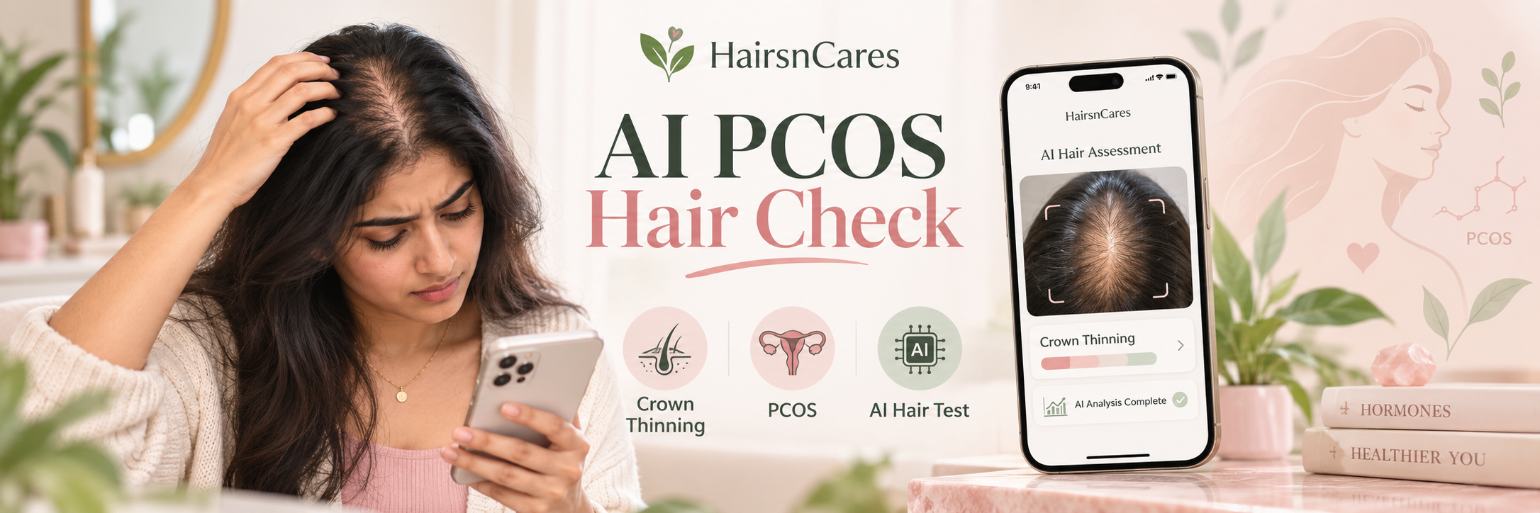 Woman with PCOS checking crown thinning using an AI hair test — Hairsncares