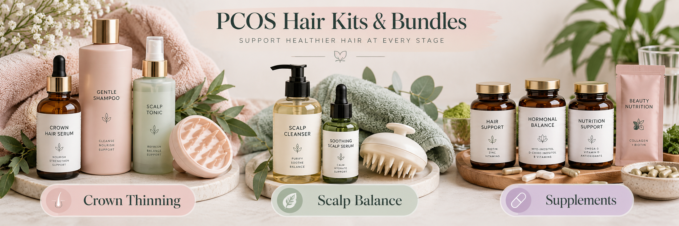 PCOS hair support kits for crown thinning, scalp balance and nutritional supplements