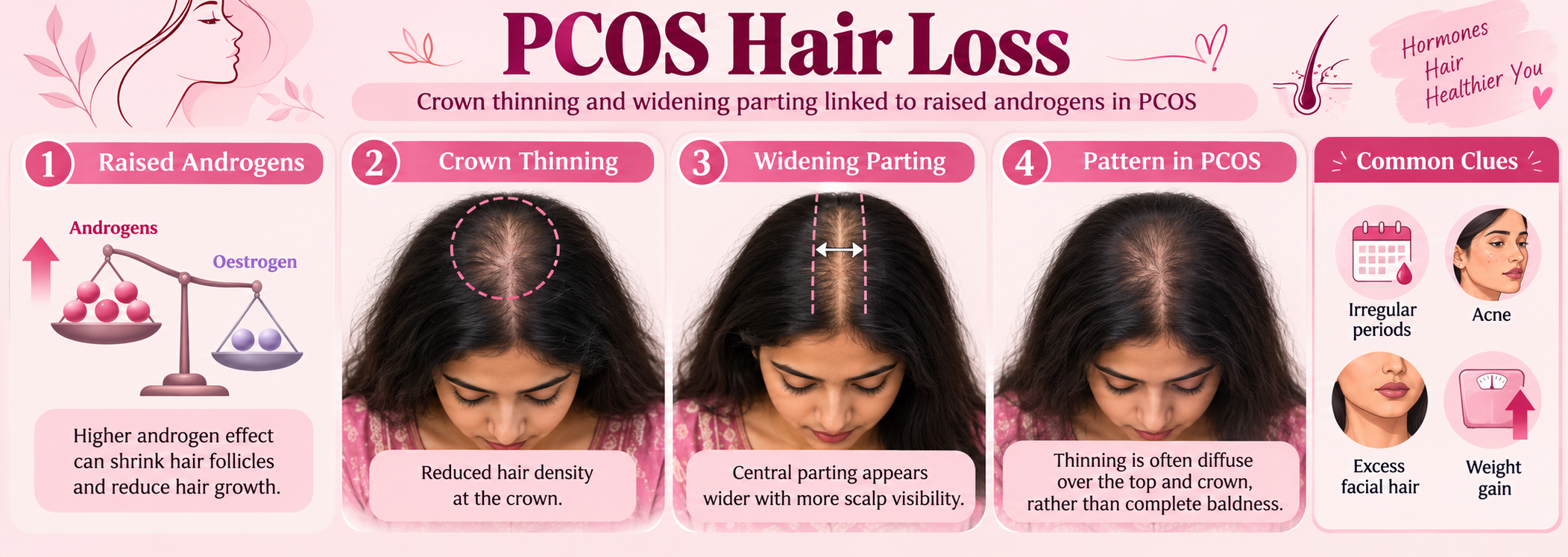 PCOS hair loss explainer showing crown thinning and widening parting linked to raised androgens