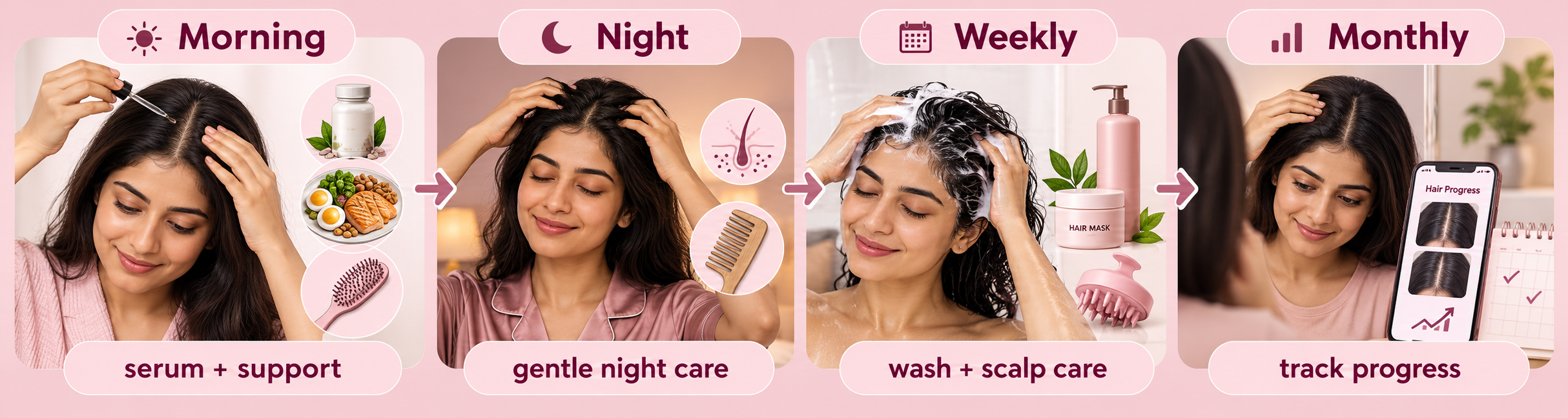 PCOS hair support routine with morning, night, weekly and monthly hair care steps