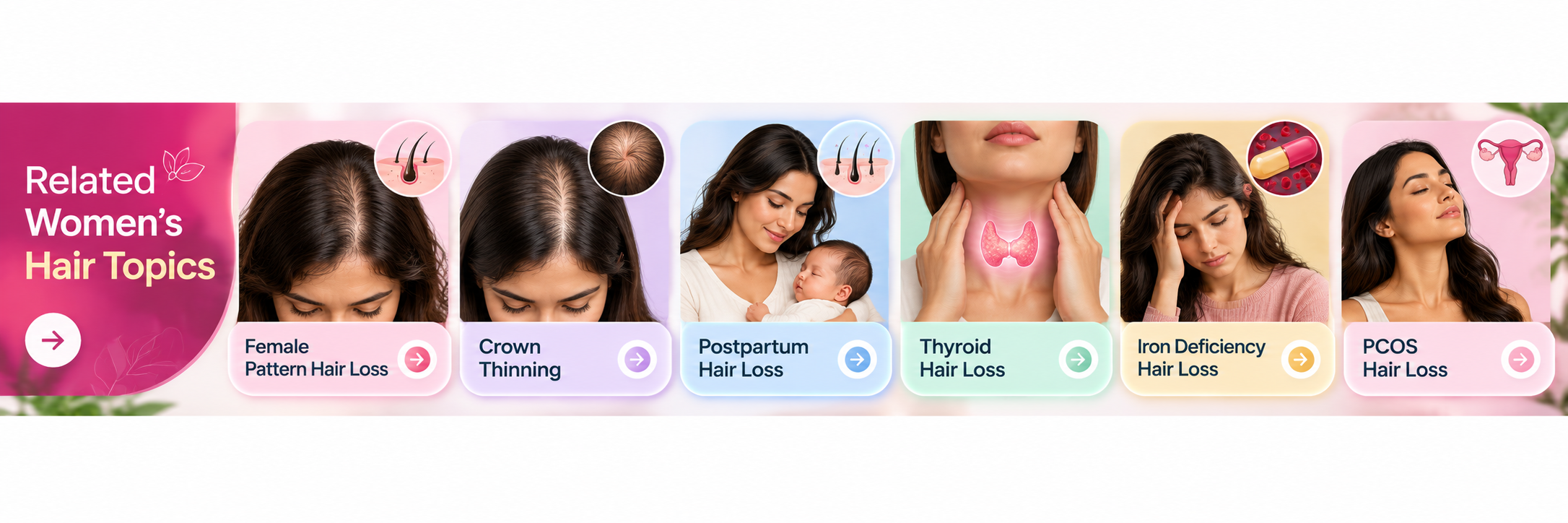 Related women's hair topics including female pattern hair loss, crown thinning, postpartum hair loss and thyroid hair loss