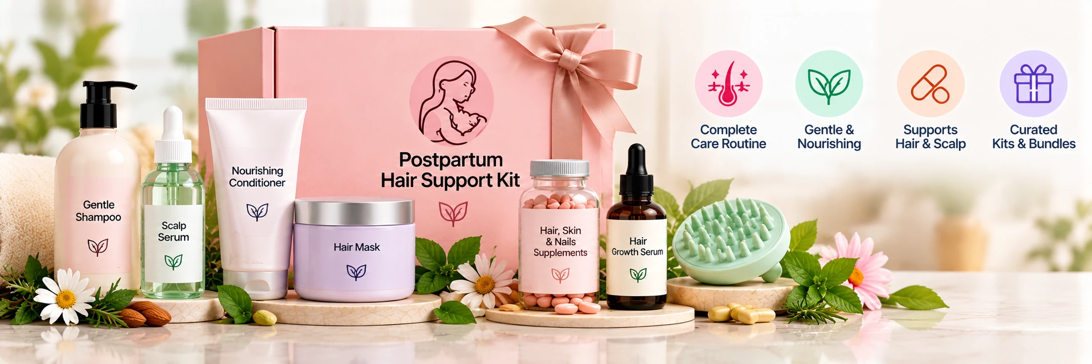 Postpartum hair support kits with gentle shampoo, scalp serum, nourishing conditioner, hair mask, supplements, and hair growth serum.