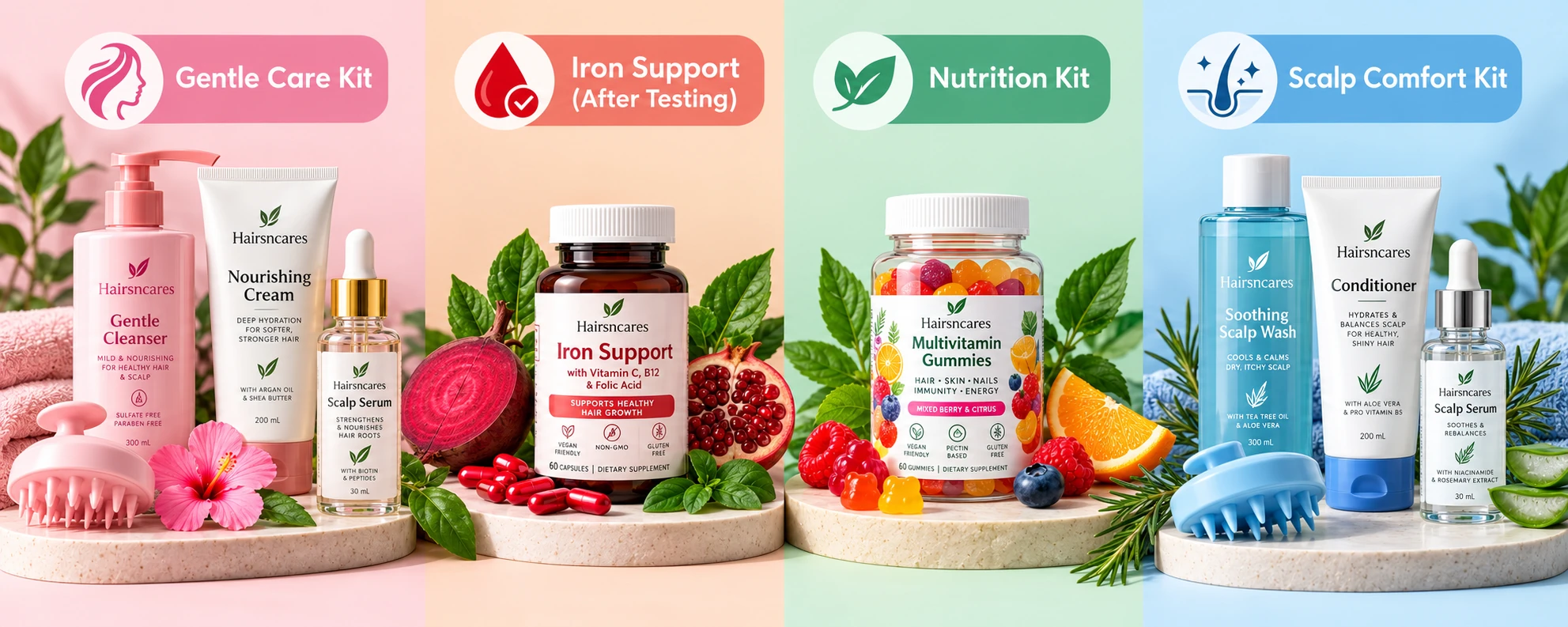 Gentle care, iron support after testing, nutrition, and scalp comfort hair care kits and bundles