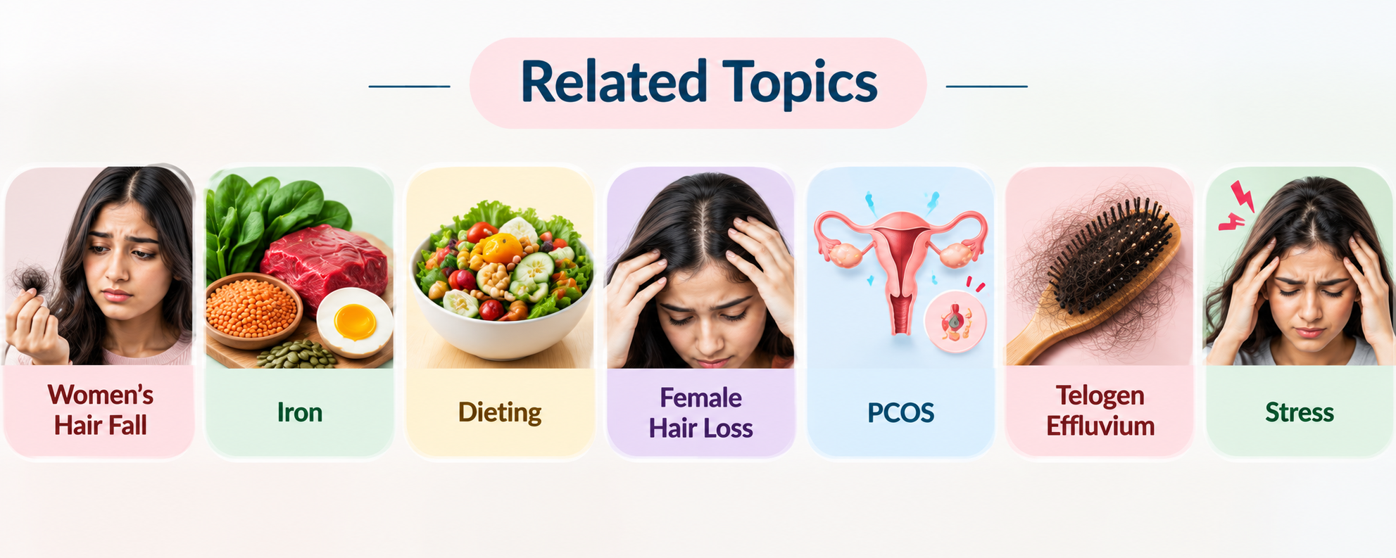 Related topics: women's hair fall, iron, dieting, female hair loss, PCOS, telogen effluvium, stress