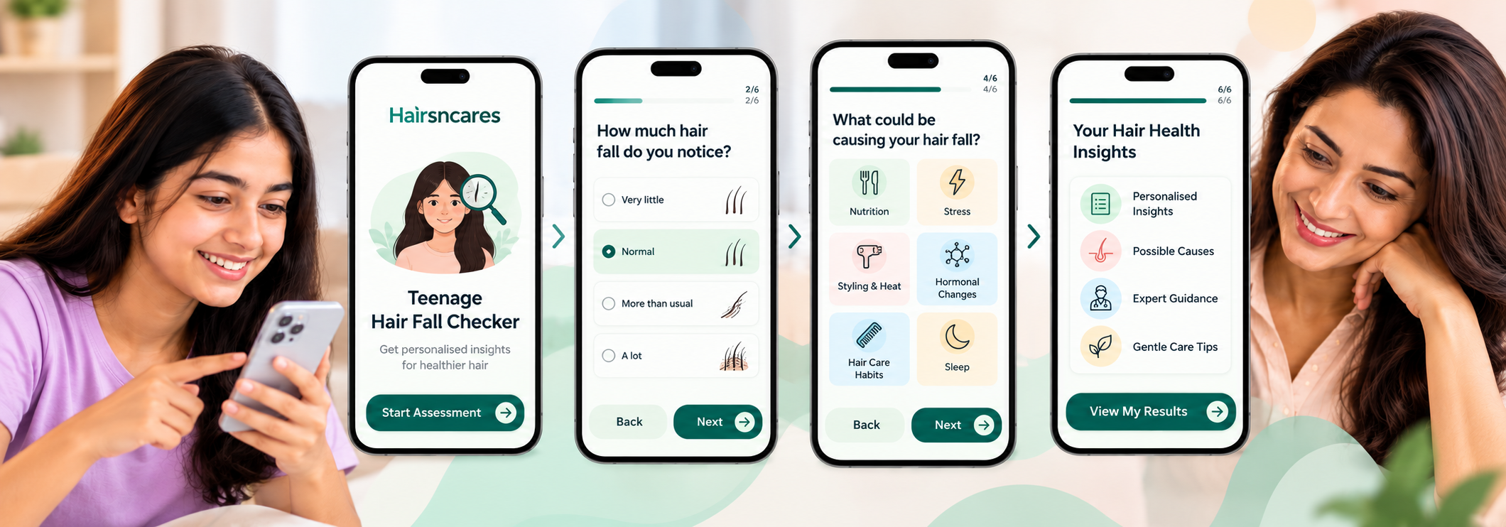 Gentle teenage hair fall checker questions on a smartphone
