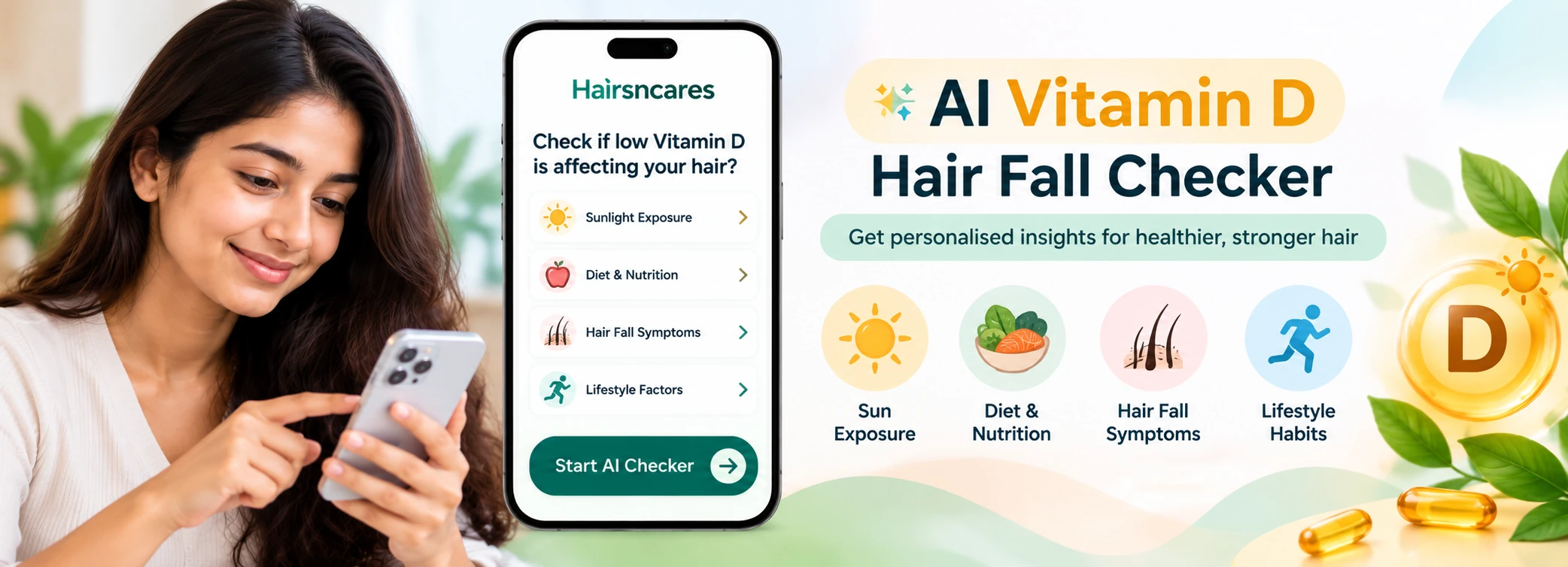 Woman using the AI vitamin D hair fall checker — Hairsncares