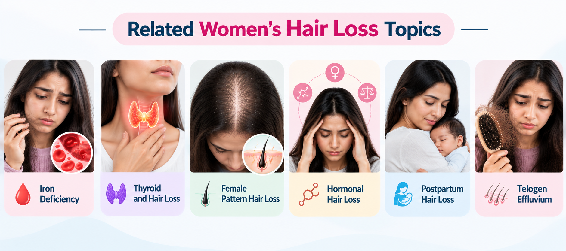 Related women’s hair loss topics including iron deficiency, thyroid, female pattern hair loss, hormonal hair loss, postpartum hair loss and telogen effluvium