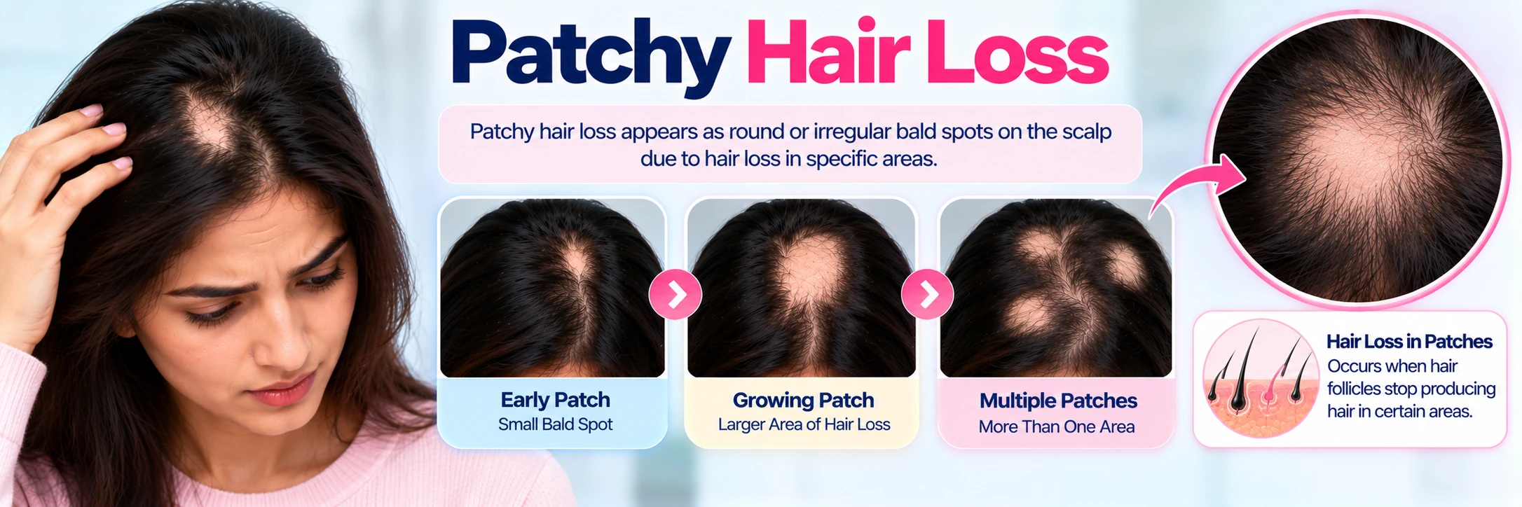 Patchy hair loss in women showing round bald spots that need prompt doctor review